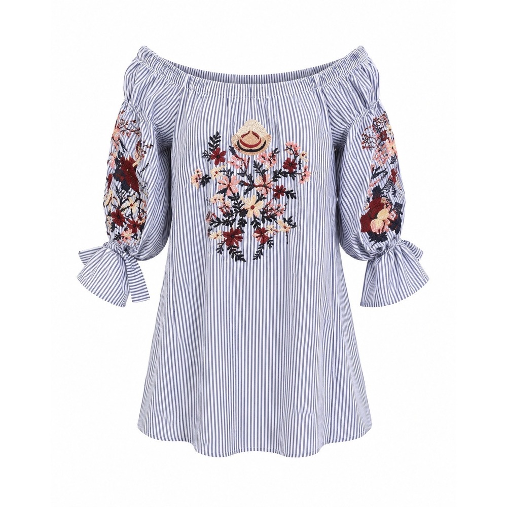Flora Ashley Striped Embroidered Floral mini dress‎ medium Cottagecore boho folk